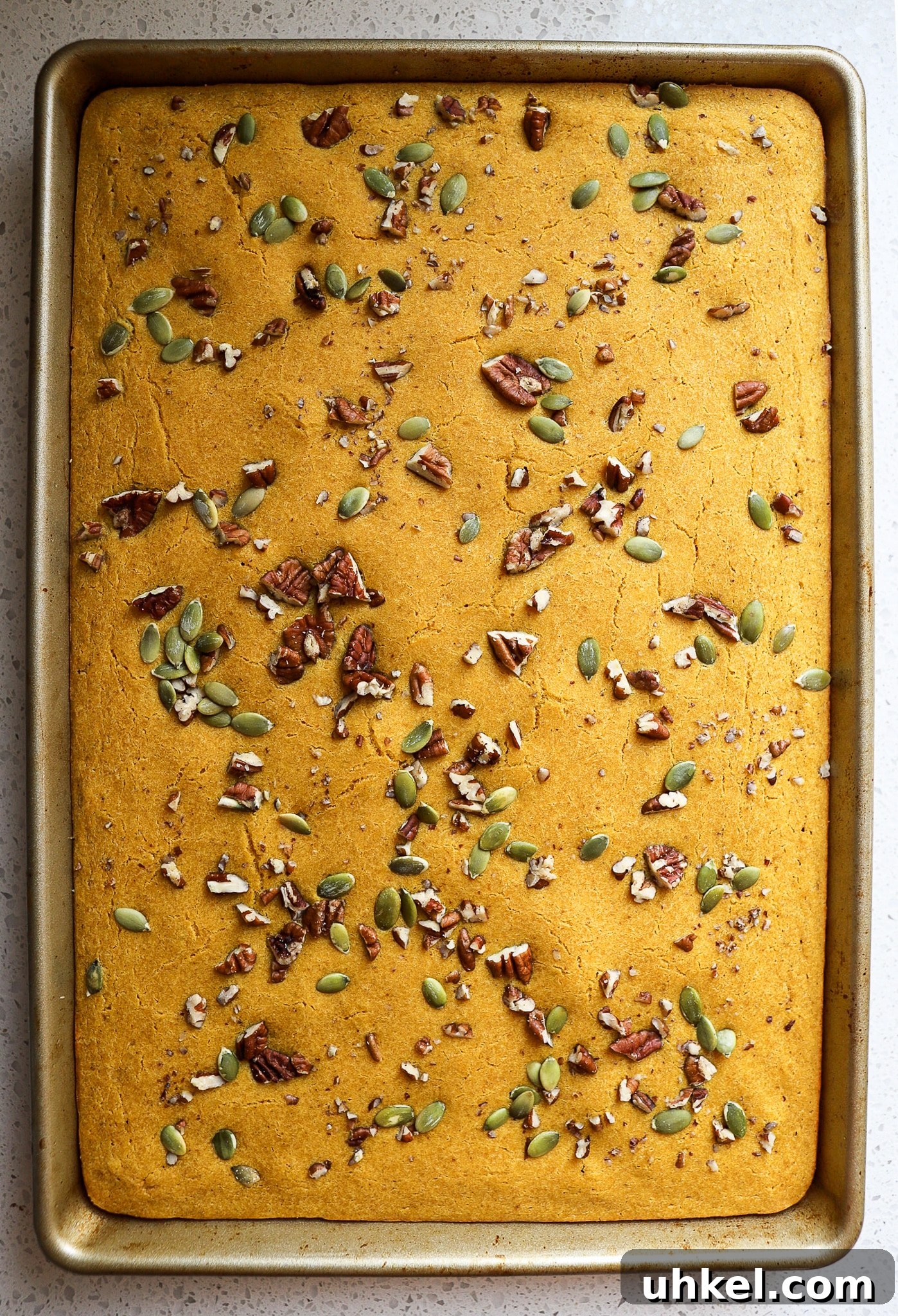 Baked Pumpkin Sheet Pan Pancakes — Fluffy Fall Brunch Recipe 3 top down view of pumpkin sheet pan pancakes with pumpkin seeds and pecans on top