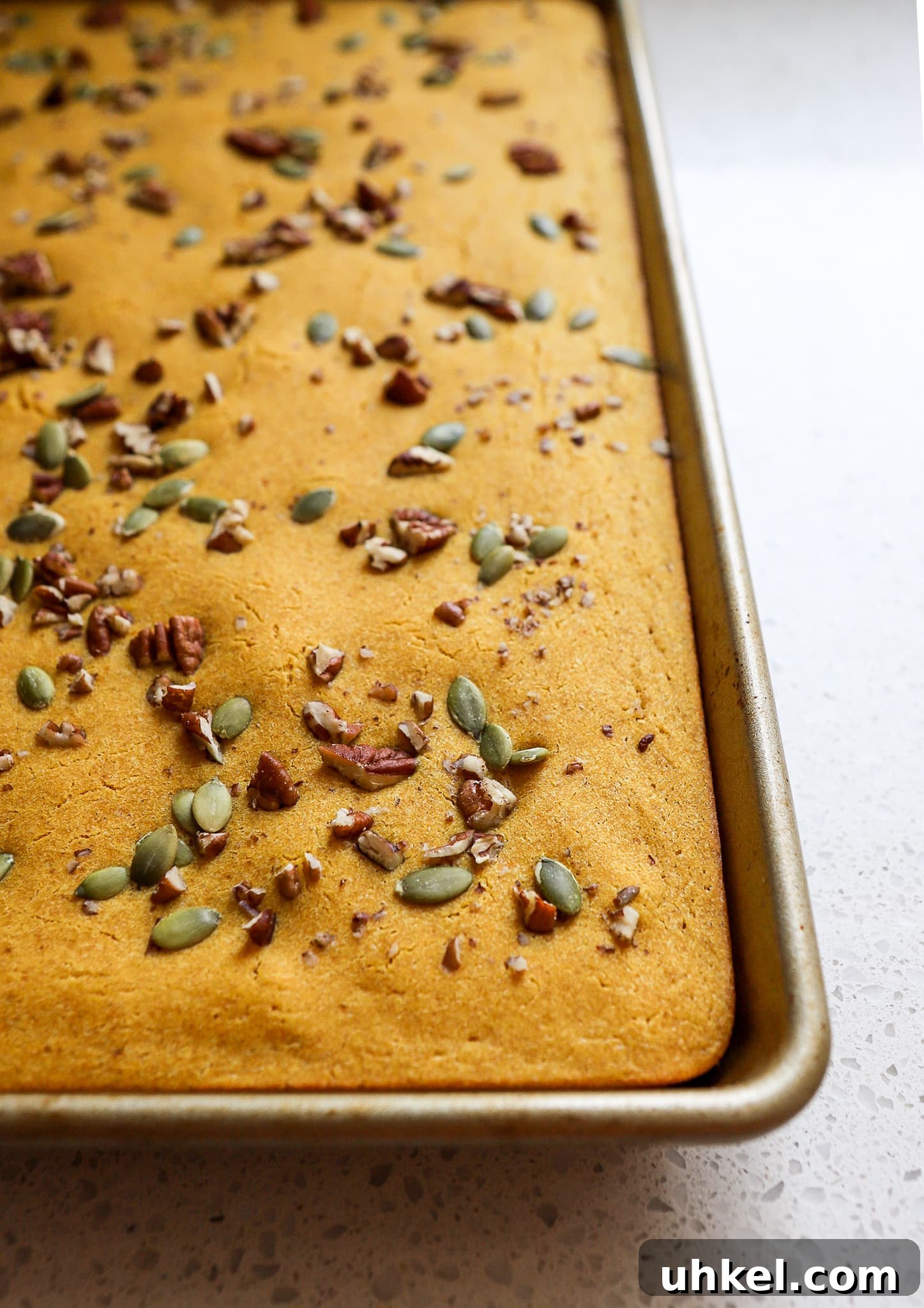 Baked Pumpkin Sheet Pan Pancakes — Fluffy Fall Brunch Recipe 5 Side angle of pumpkin spice pancakes in baking sheet with pecans and pumpkin seeds on top.