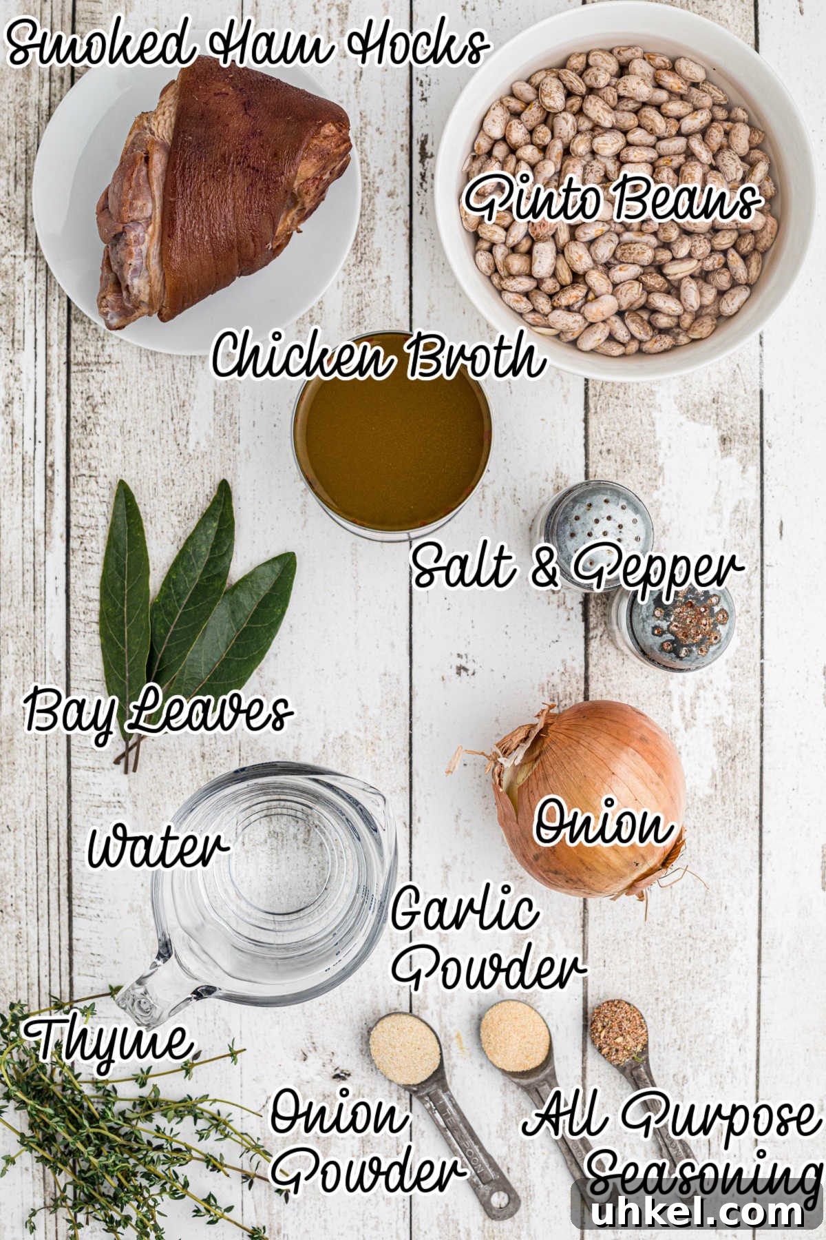 Overhead shot of the ingredients needed for a pinto beans recipe.