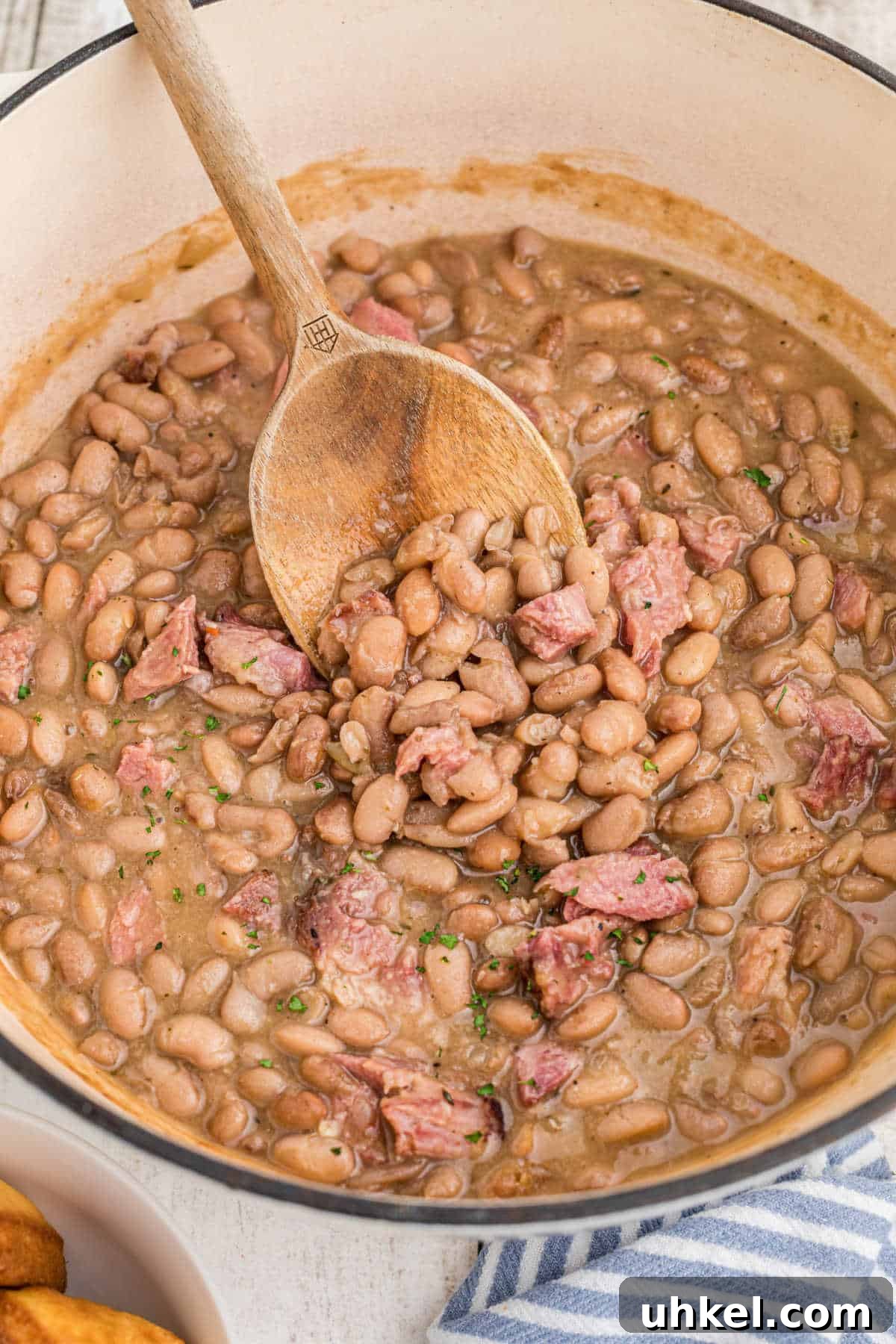 Close up of a pot of pinto beans.