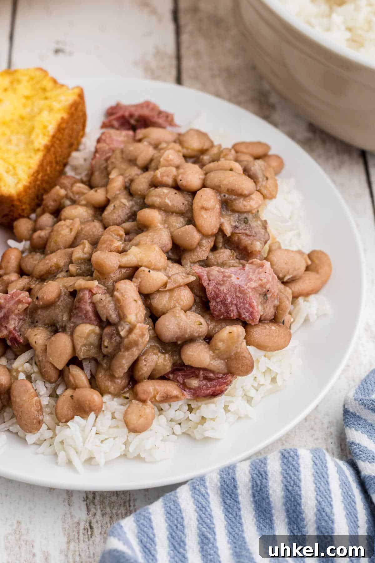 Side view of a plate of pinto beans and rice.