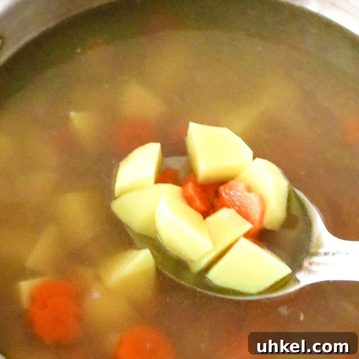 Authentic Ukha Fish Soup Recipe: Clear Russian Fisherman’s Broth 9 spoon scooping fish soup out of metal sauce pan