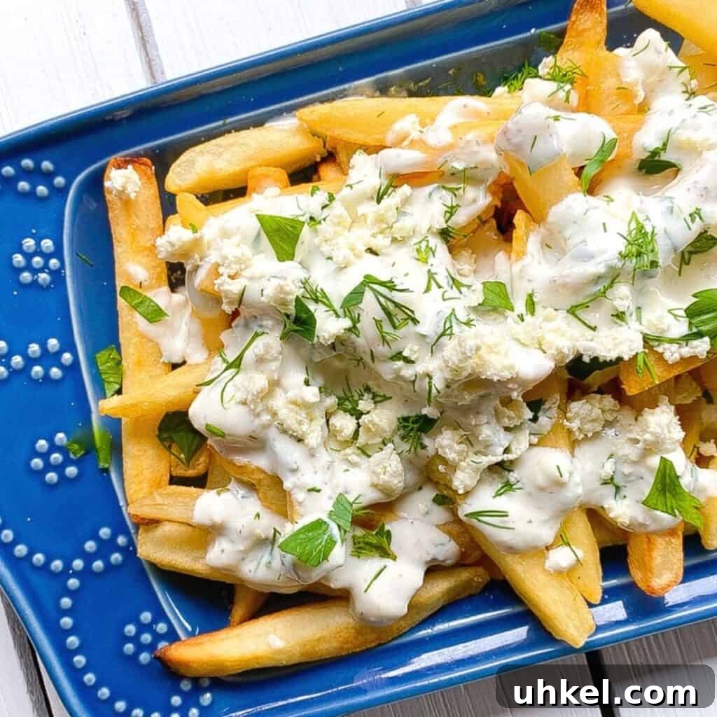 97 Crowd-Pleasing Appetizer Ideas for Parties and Gatherings 8 greek feta cheese fries on a blue plate