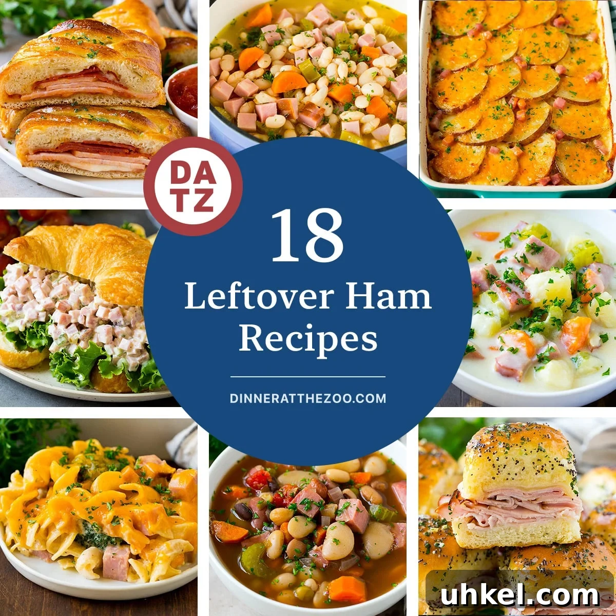 18 Creative Leftover Ham Recipes for Fresh Weeknight Meals 2 A group of leftover ham recipes such as scalloped potatoes and ham, ham salad and ham casserole.