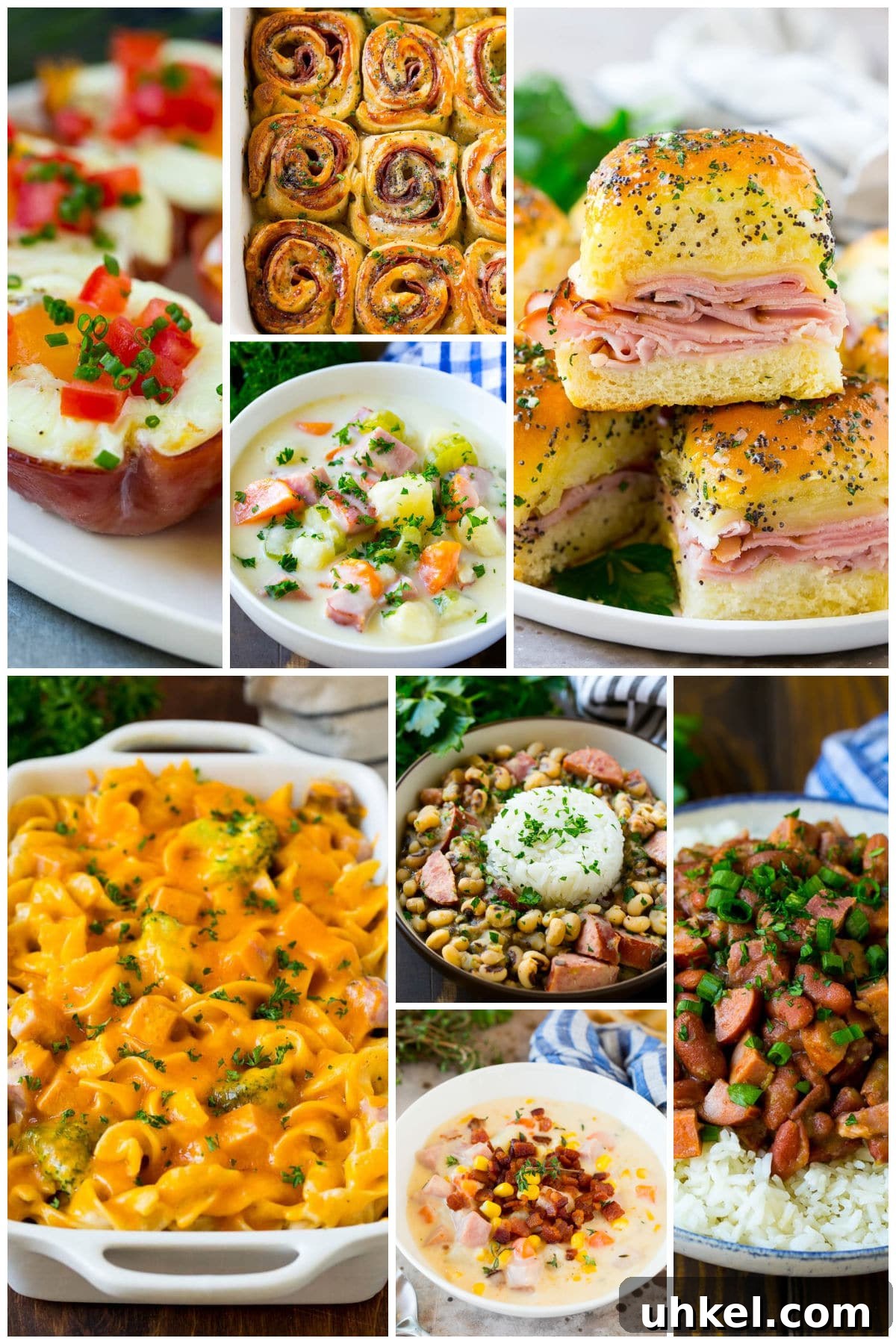 18 Creative Leftover Ham Recipes for Fresh Weeknight Meals 14 Several images of ham recipes such as ham sliders, ham and potato soup and ham and egg cups.