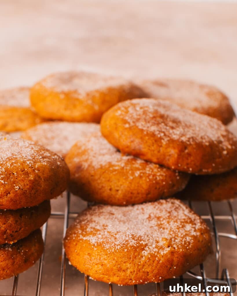A pile of pumpkin cookies on a cooling rack. 