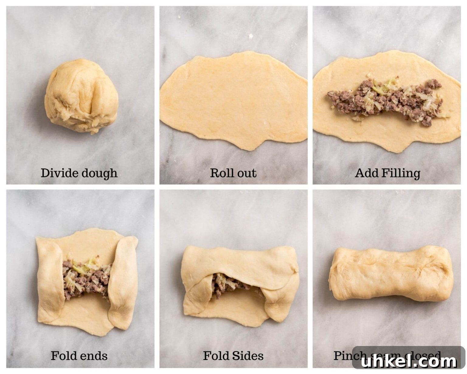 Ground Lamb Stuffed Buns Recipe – Savory Meat-Filled Bread 6 6 photos showing how to assemble meat filling in bread dough.