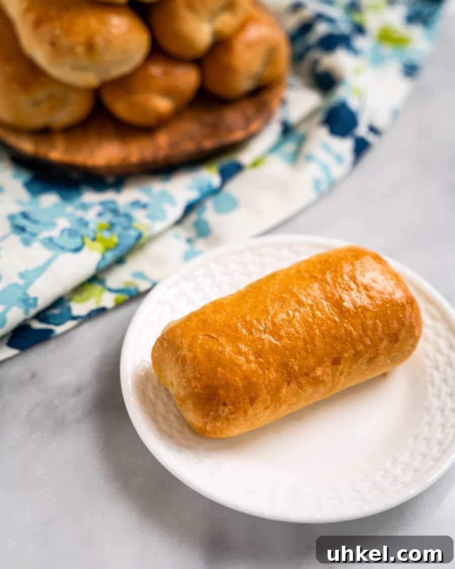 Ground Lamb Stuffed Buns Recipe – Savory Meat-Filled Bread 10 Top down photo of a meat bun on a plate with a stack of meat buns in the background.