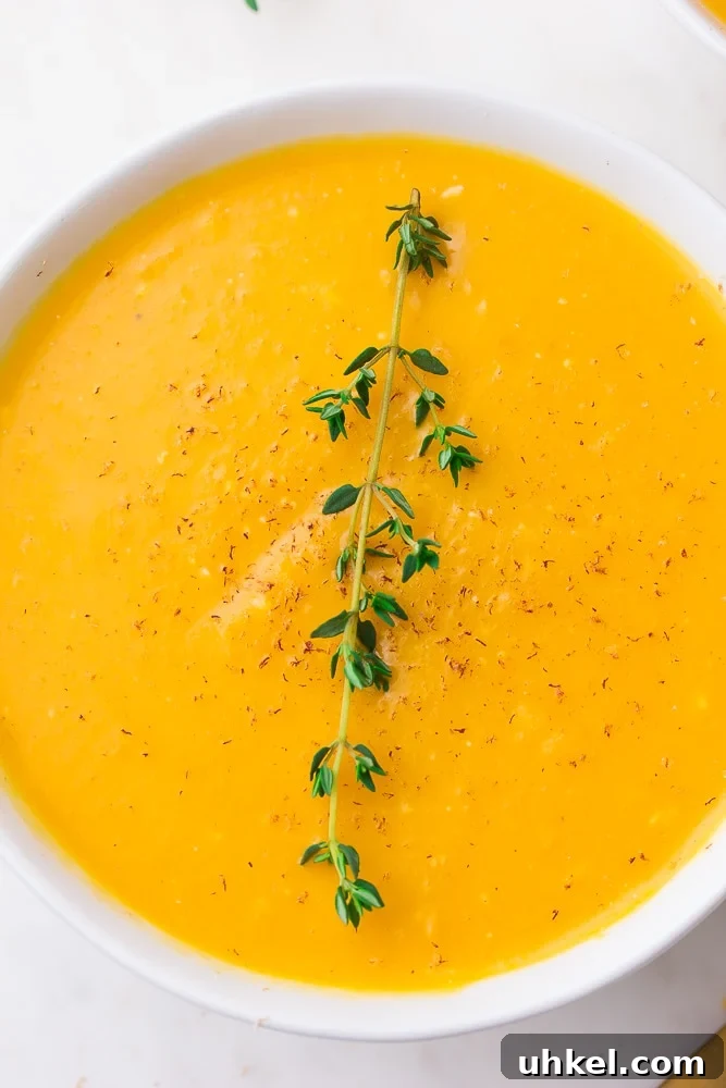Creamy Instant Pot Butternut Squash Soup Recipe 3 close up of a bowl of instant pot butternut squash soup with thyme
