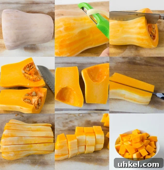 Creamy Instant Pot Butternut Squash Soup Recipe 4 collage of how to chop and peel a butternut squash
