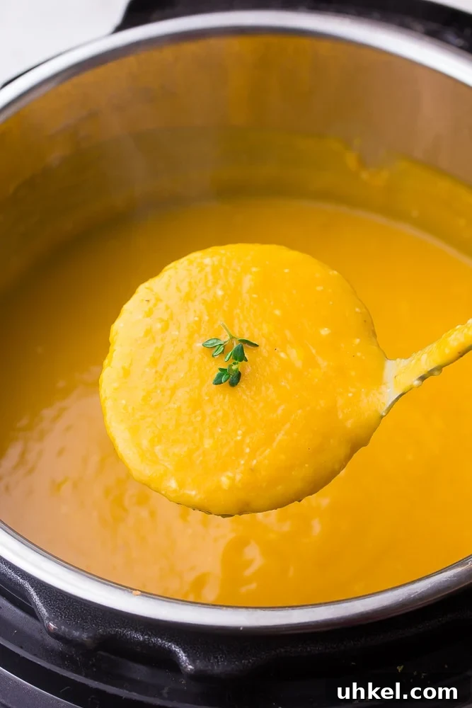 Creamy Instant Pot Butternut Squash Soup Recipe 6 ladle of butternut squash soup being lifted out of pot