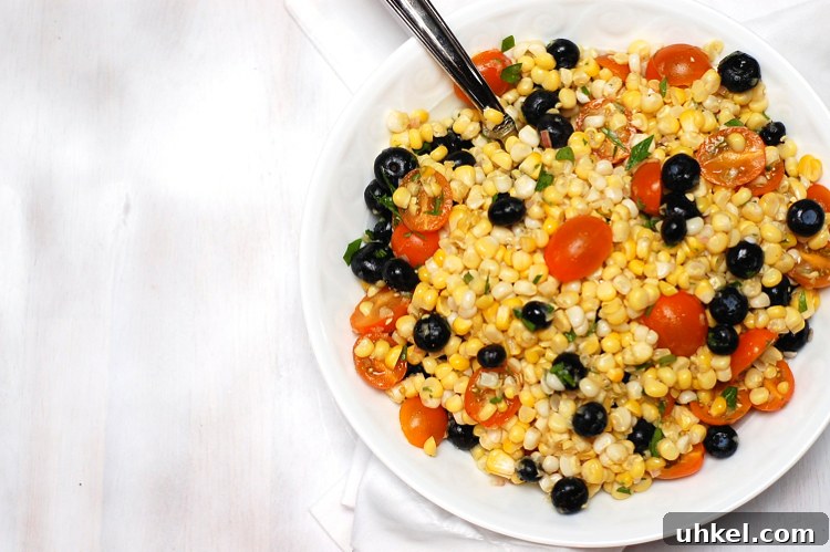Summer Corn Salad with Tomatoes and Blueberries for Fresh Entertaining 3 Vegan corn salad close up
