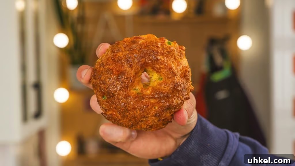 Homemade Jalapeno Cheddar Protein Bagel Recipe 7 hand holding cooked bagel with lights in background