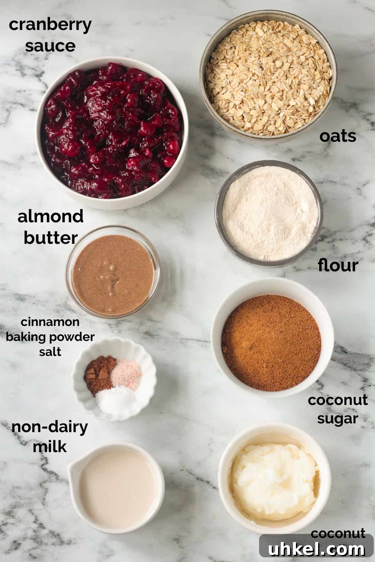 Cranberry Oatmeal Bars ingredients Recipe ingredients arrayed in individual bowls.
