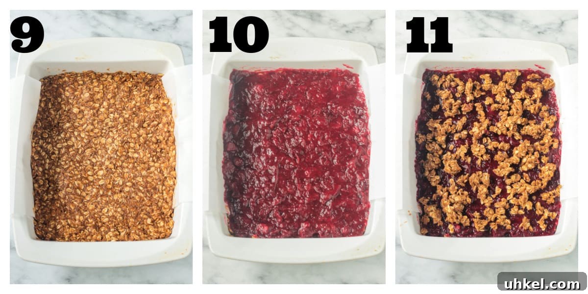 Vegan Cranberry Oat Crumble Bars Recipe for Winter Baking 4 3 photo collage of layering the crust, filling, and crumble topping in a baking dish.
