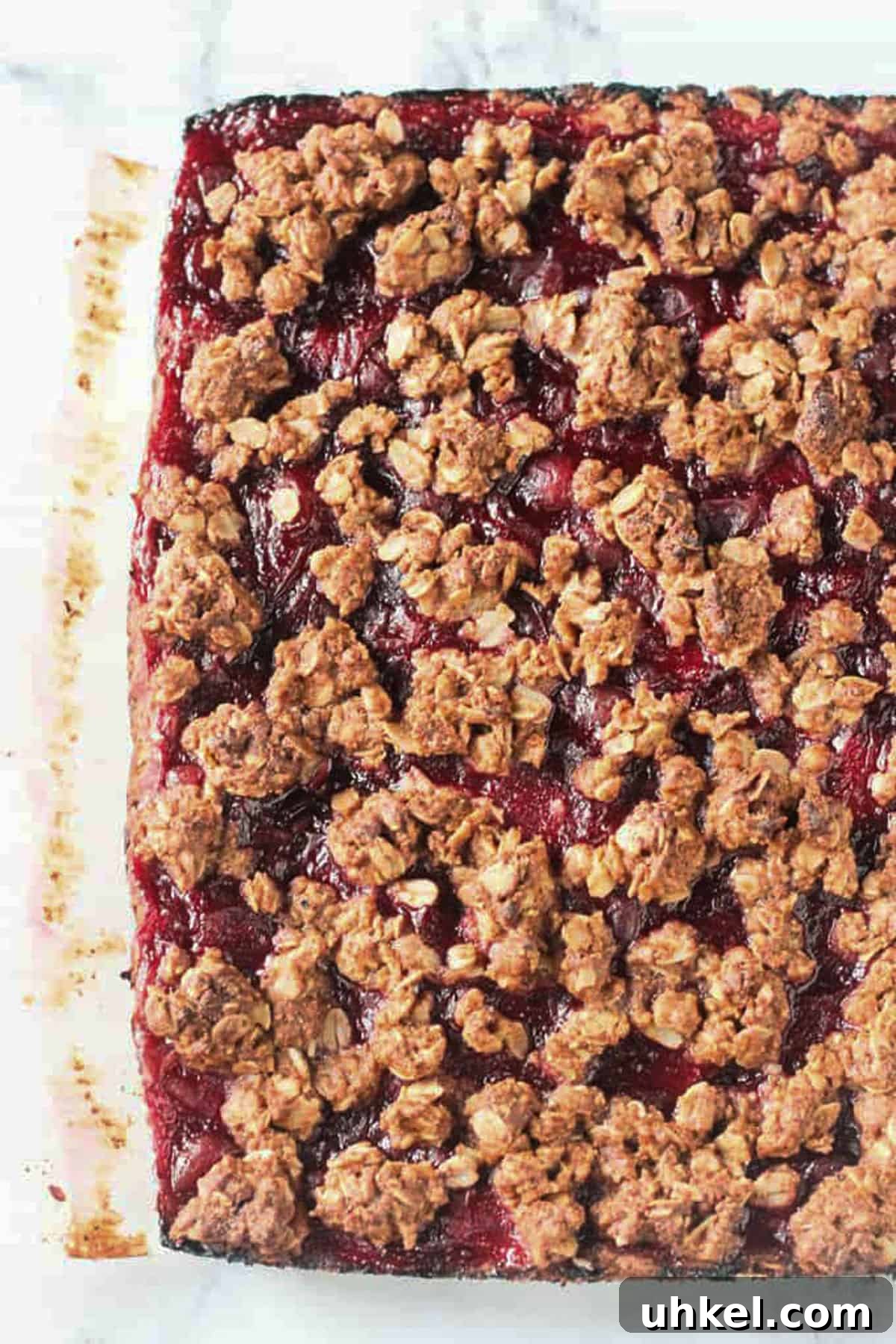 Vegan Cranberry Oat Crumble Bars Recipe for Winter Baking 5 Baked 9x9 pan of cranberry oat crumble bars.