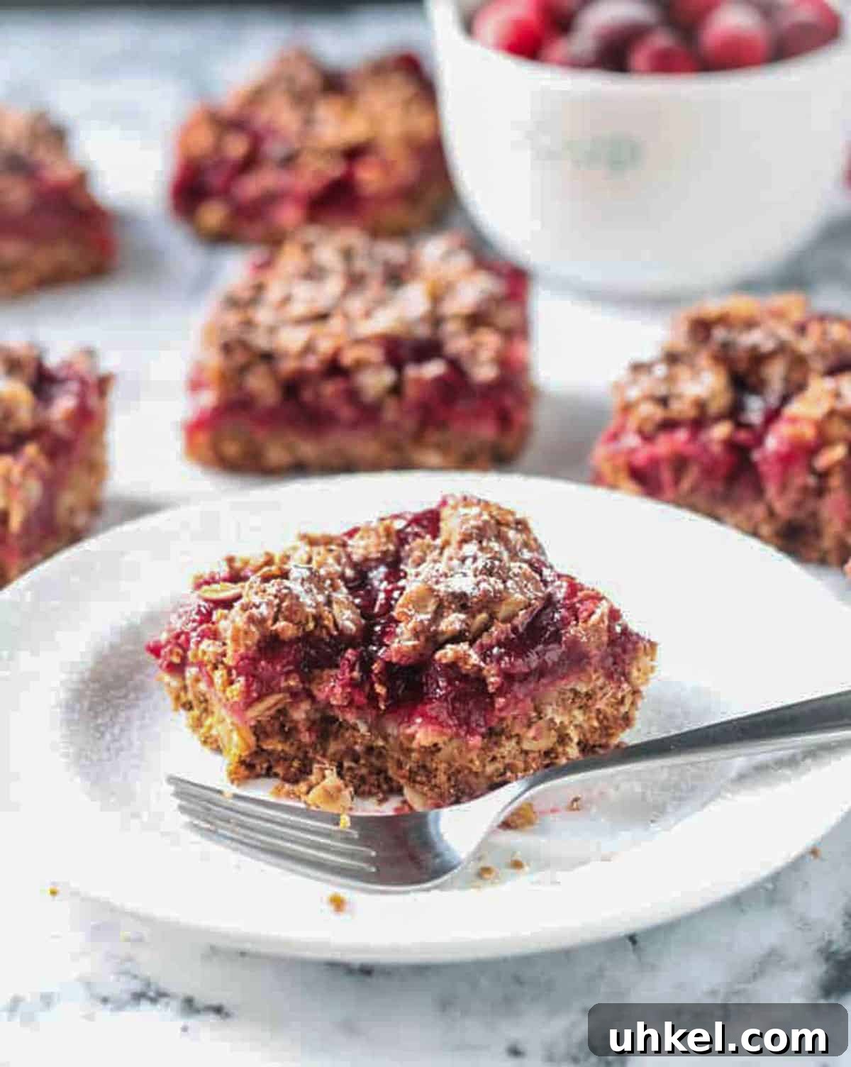 Cranberry Oatmeal Bars One slice with a bite missing on a white plate with fork.