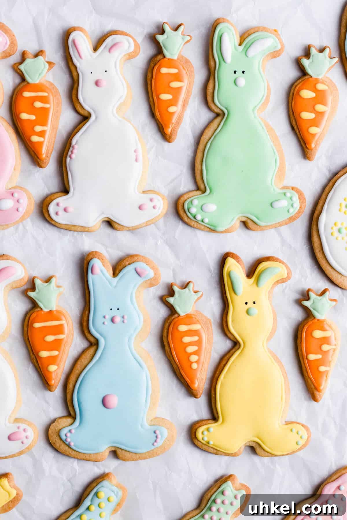 Easter Sugar Cookie Recipe with Simple Decorating Ideas 13 top view of bunny-shaped sugar cookies with icing