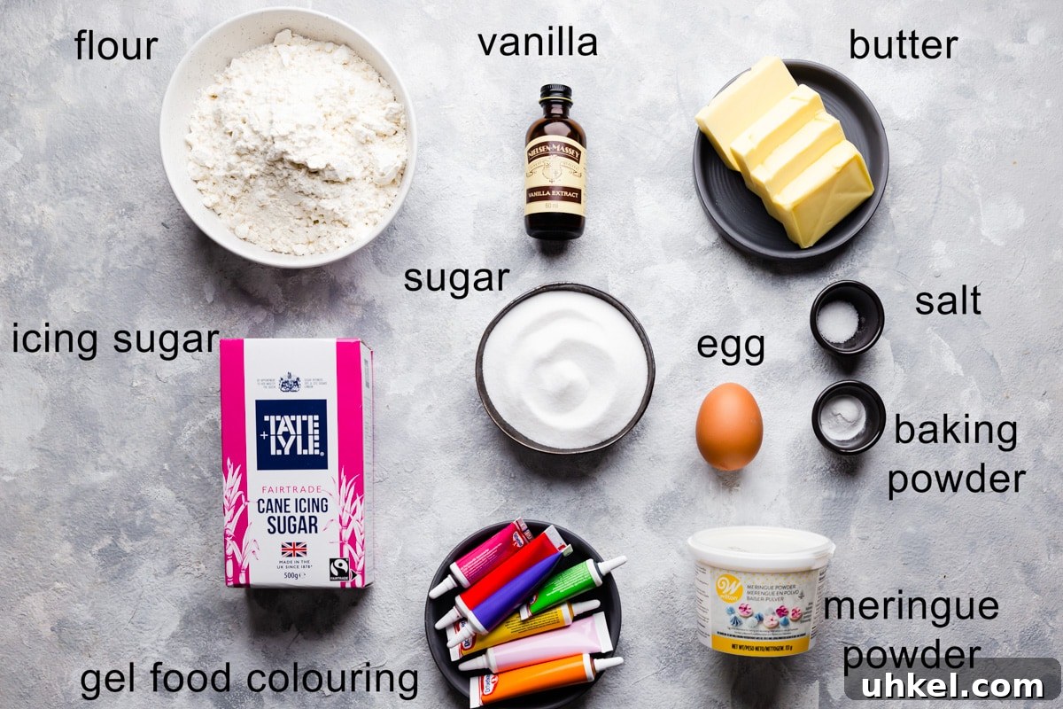 Easter Sugar Cookie Recipe with Simple Decorating Ideas 3 overhead shot of the ingredients for sugar cookies with text labels