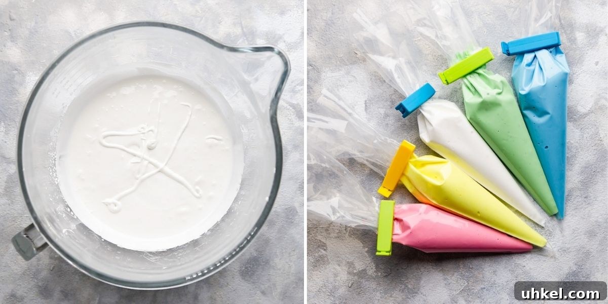 Easter Sugar Cookie Recipe with Simple Decorating Ideas 6 overhead view of the royal icing in the bowl and in piping bags