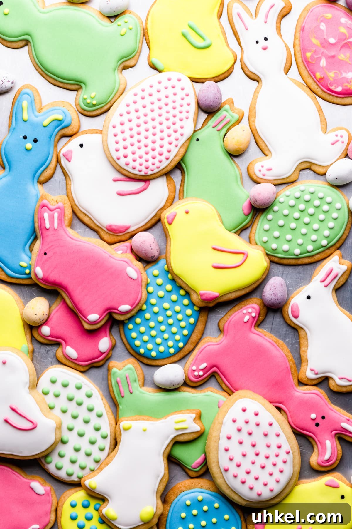 Easter Sugar Cookie Recipe with Simple Decorating Ideas 10 top view at sugar cookies decorated with coloured royal icing