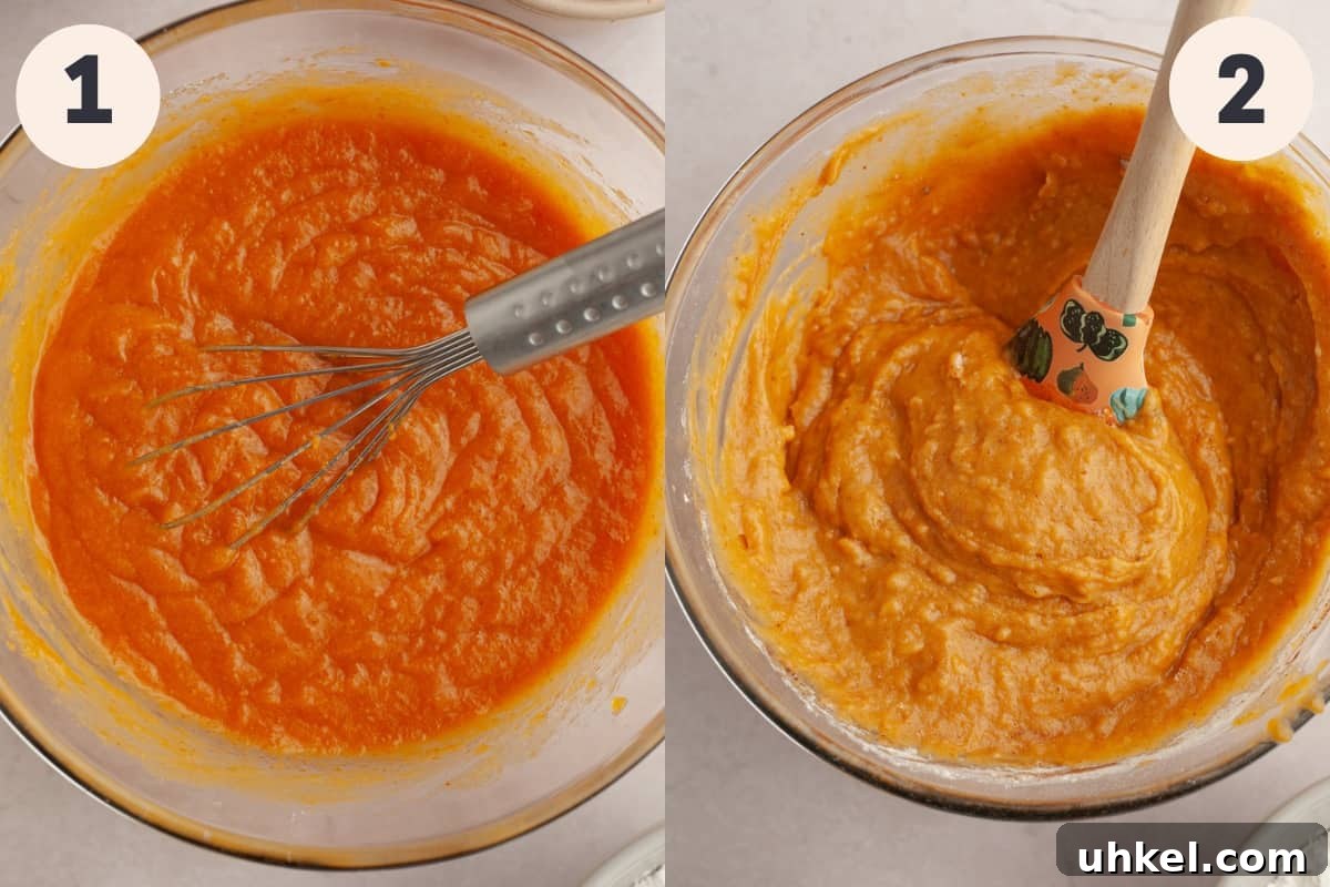 Maple-Glazed Pumpkin Walnut Bread Recipe 4 Pumpkin bread batter in a glass bowl.