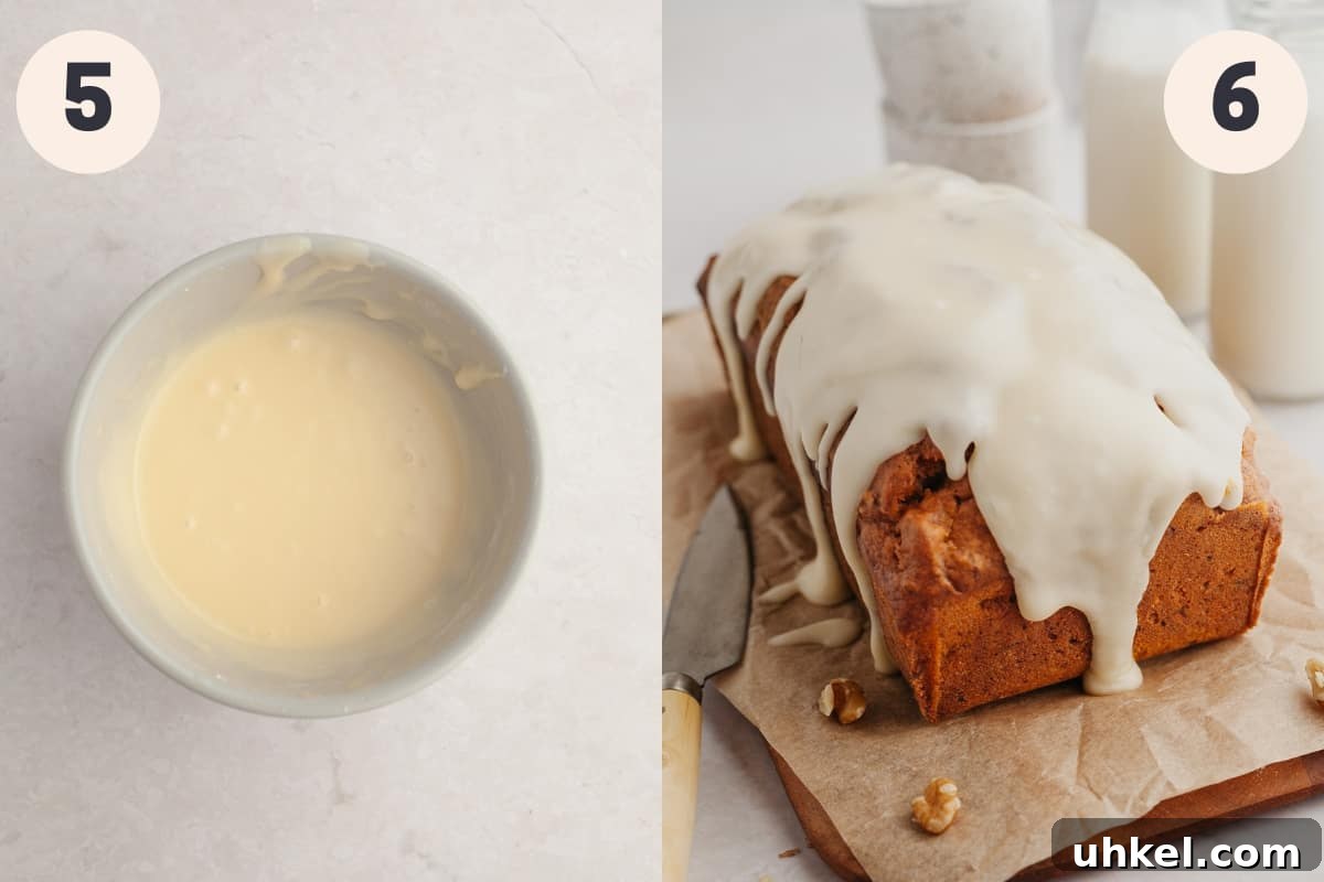 Maple-Glazed Pumpkin Walnut Bread Recipe 6 A small bowl with a glaze in it and a walnut bread with a glaze on it.