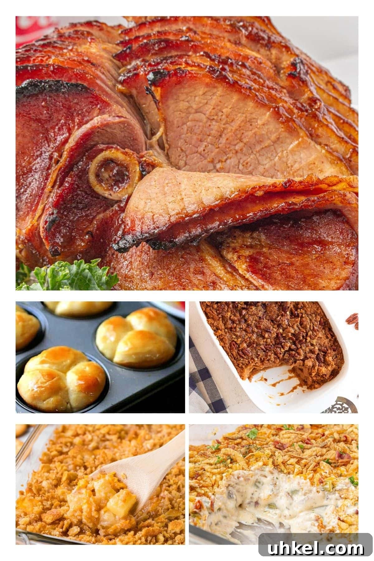 15 Perfect Side Dishes to Serve with Ham This Holiday 2 A collage of the best side dishes for ham including pineapple casserole, green bean casserole, sweet potato casserole, and cloverleaf rolls.