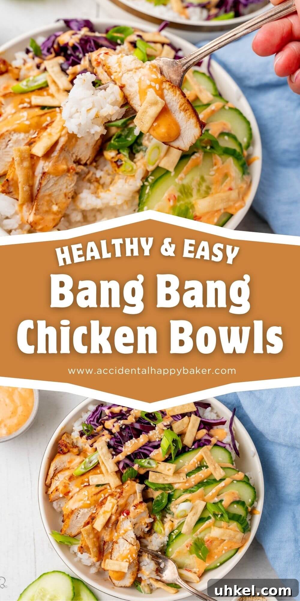 Bang Bang Chicken Bowls make a quick and easy weeknight dinner. Flavorful marinated chicken and rice are topped with a sweet and spicy homemade bang bang sauce and crunchy fresh veggies, like cabbage, cucumbers, and green onions for a hearty and satisfying meal all in one bowl!