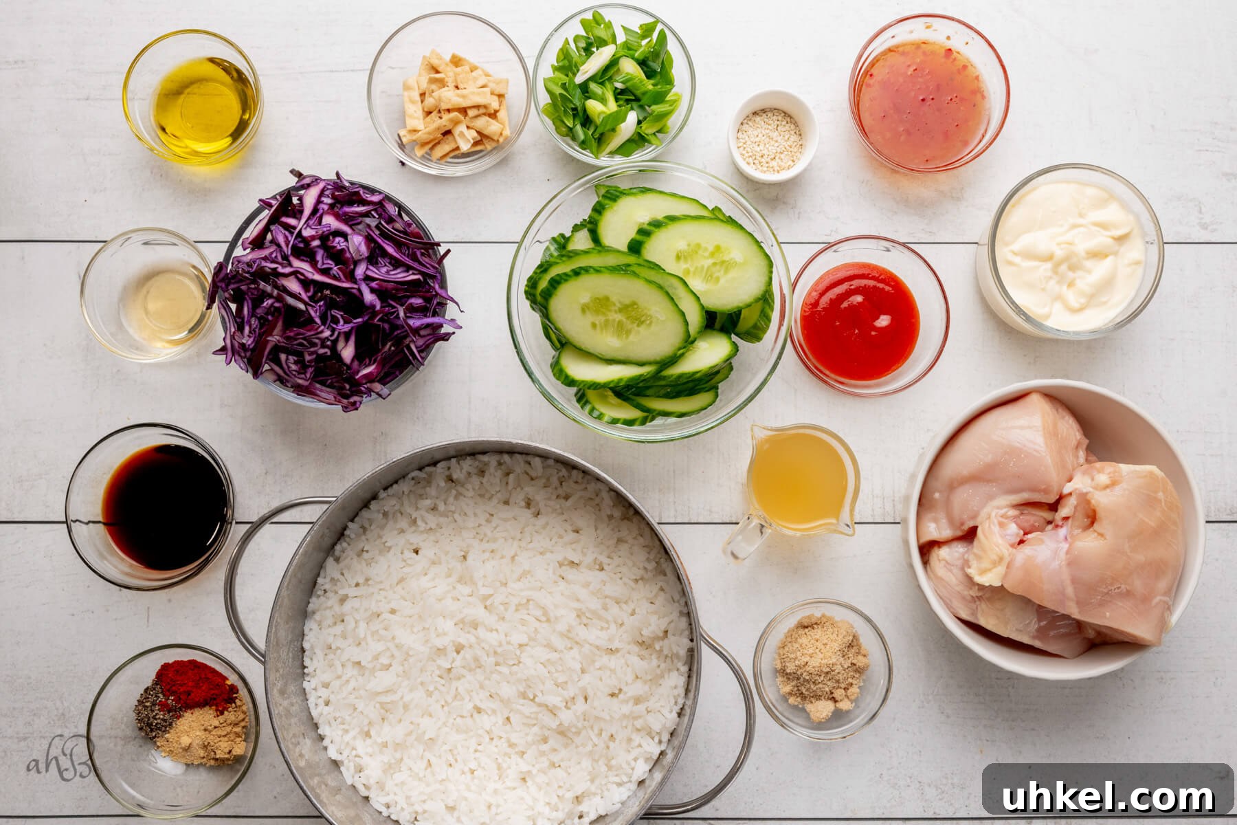 The ingredients are separated out into individual glass bowls.