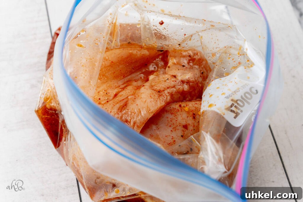 The chicken breasts are in a Ziploc bag with the marinade mixture.