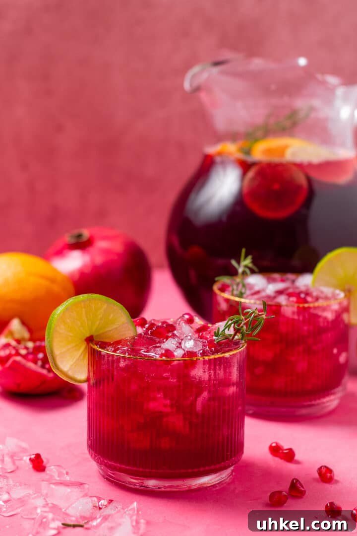 two tumbler glasses with pomegranate punch, large pitcher of punch and various fruits