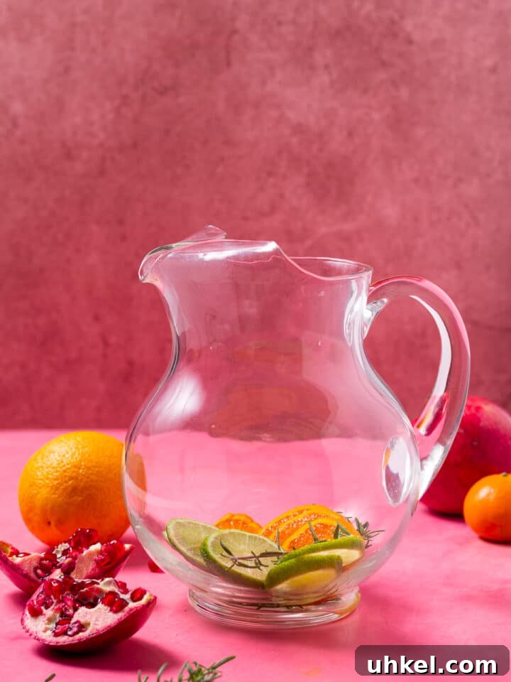 glass pitcher with lime slices, orange slices and fresh rosemary