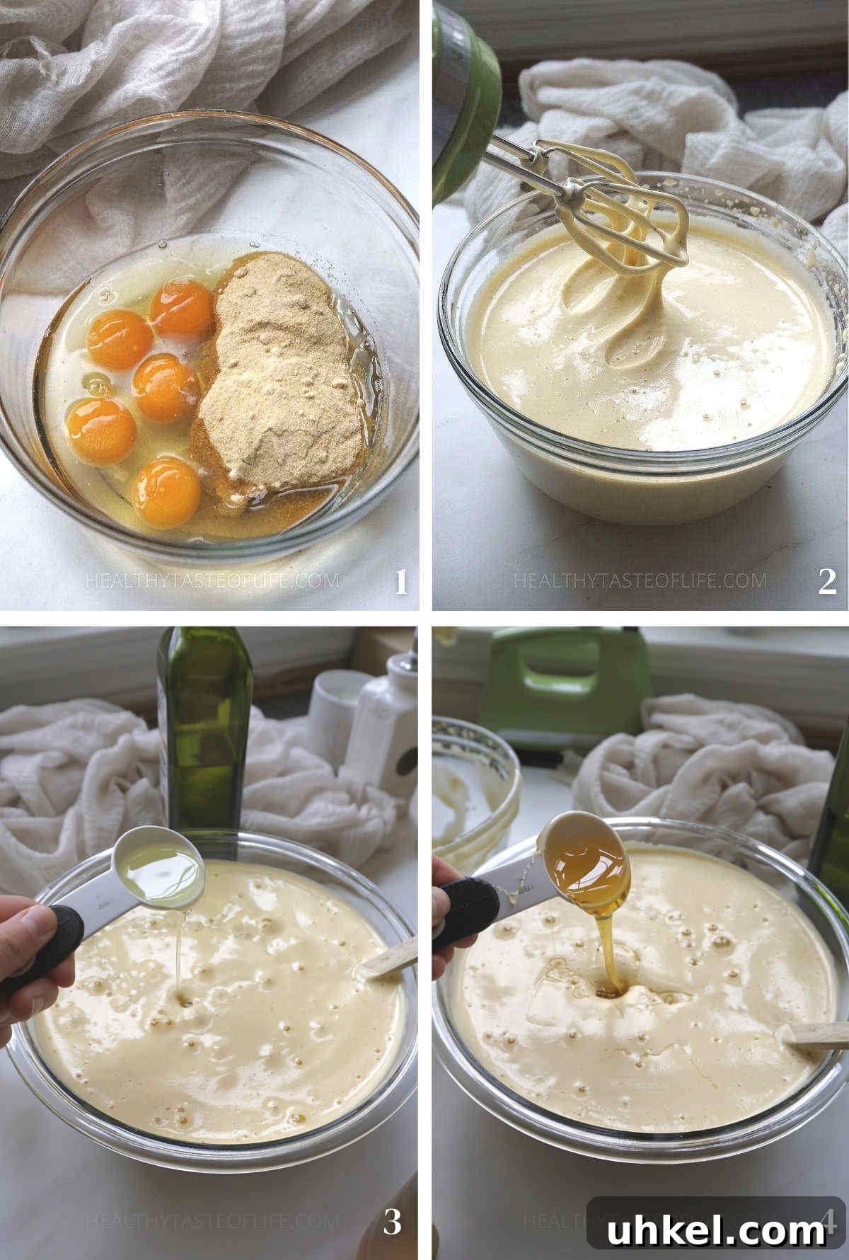 Greek-Inspired Walnut Cake with Gluten-Free Option 6 Preparing the egg and sugar mixture, mixing on high speed until it becomes thick, fluffy, and triples in volume then adding the rest.