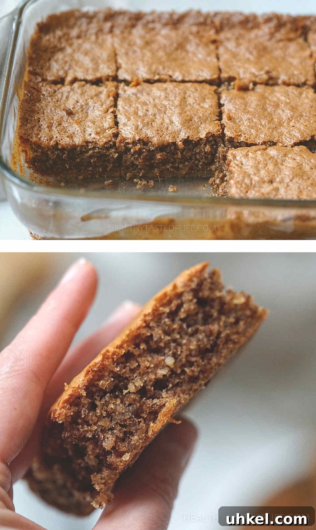 Greek-Inspired Walnut Cake with Gluten-Free Option 8 Baked walnut cake cut into squares showing the moist fluffy texture.