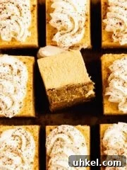 Pumpkin cheesecake bars from the top with slice turned over