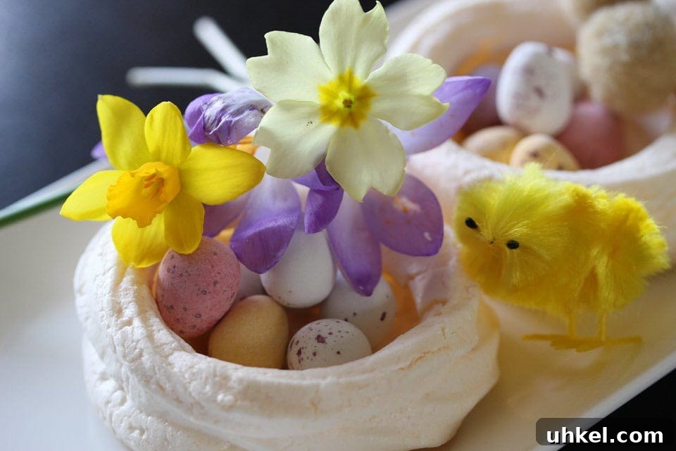 Easter Meringue Nests Recipe with Chocolate Eggs 2 Easter meringues with flowers and chick