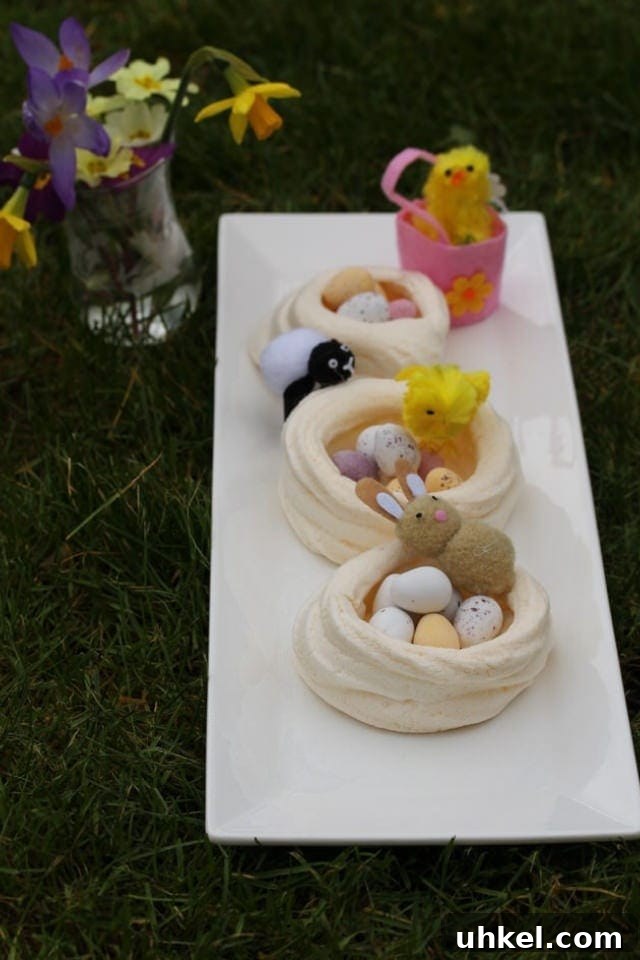Easter Meringue Nests Recipe with Chocolate Eggs 3 Easter nests with baby animals on the grass