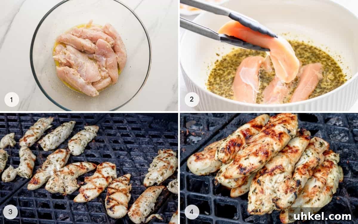 Crispy Grilled Chicken Tenders with Tangy BBQ Glaze 4 Steps showing how to grill chicken fingers