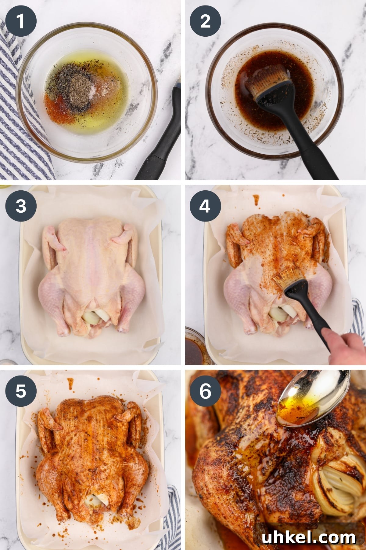 Stirring together oil and seasonings, then brushing them on a whole raw chicken and roasting.