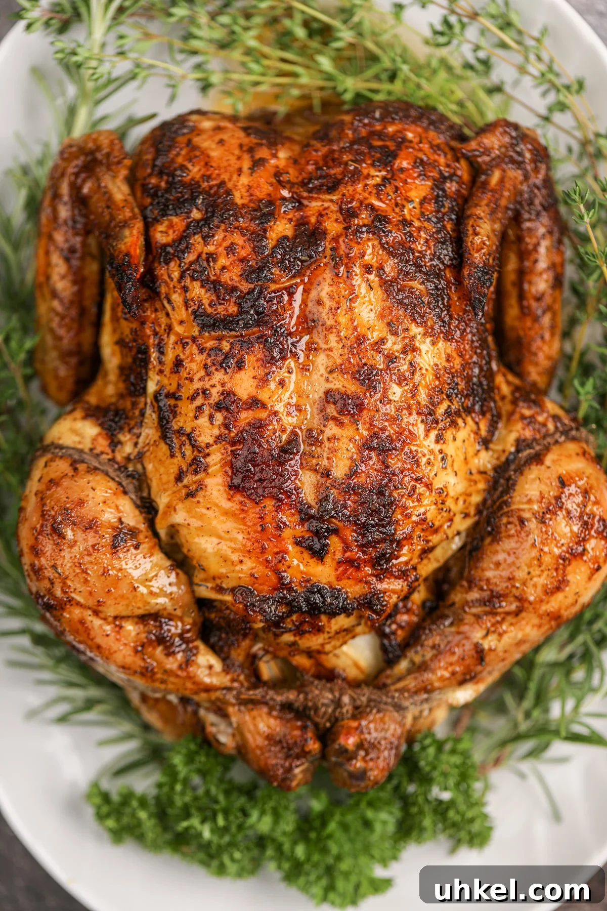 A whole chicken that's been roasted, served on a platter with fresh herbs as garnish.