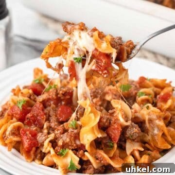 Italian Beef and Egg Noodle Casserole with Tomatoes and Cheese 11 Ground beef noodle casserole with mozzarella cheese.