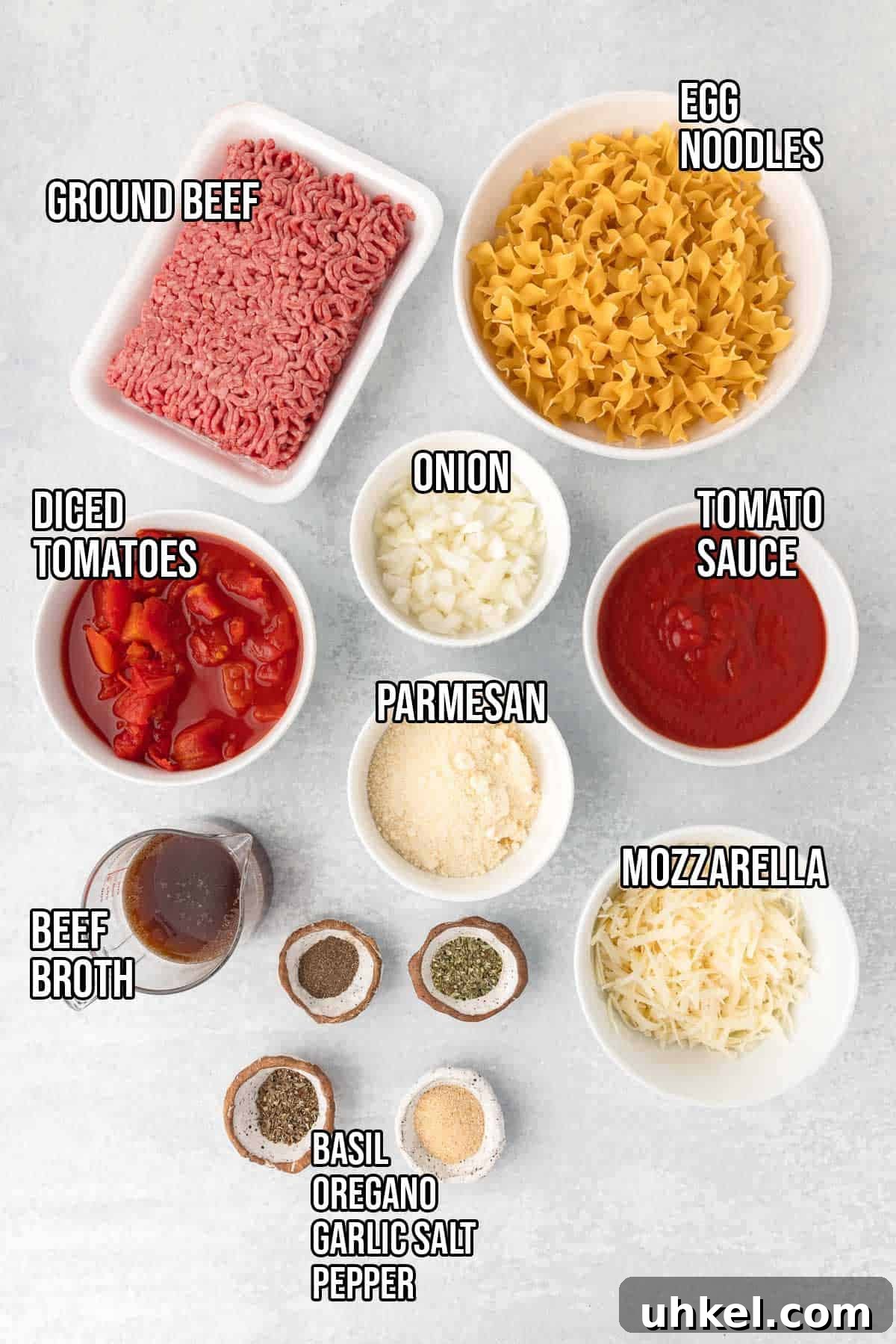 Italian Beef and Egg Noodle Casserole with Tomatoes and Cheese 3 Ground beef noodle casserole ingredients: ground beef, egg noodles, diced toamtoes, onion, tomato sauce, parmesan, mozzarella, beef broth, basil, oregano garlic salt, black pepper.