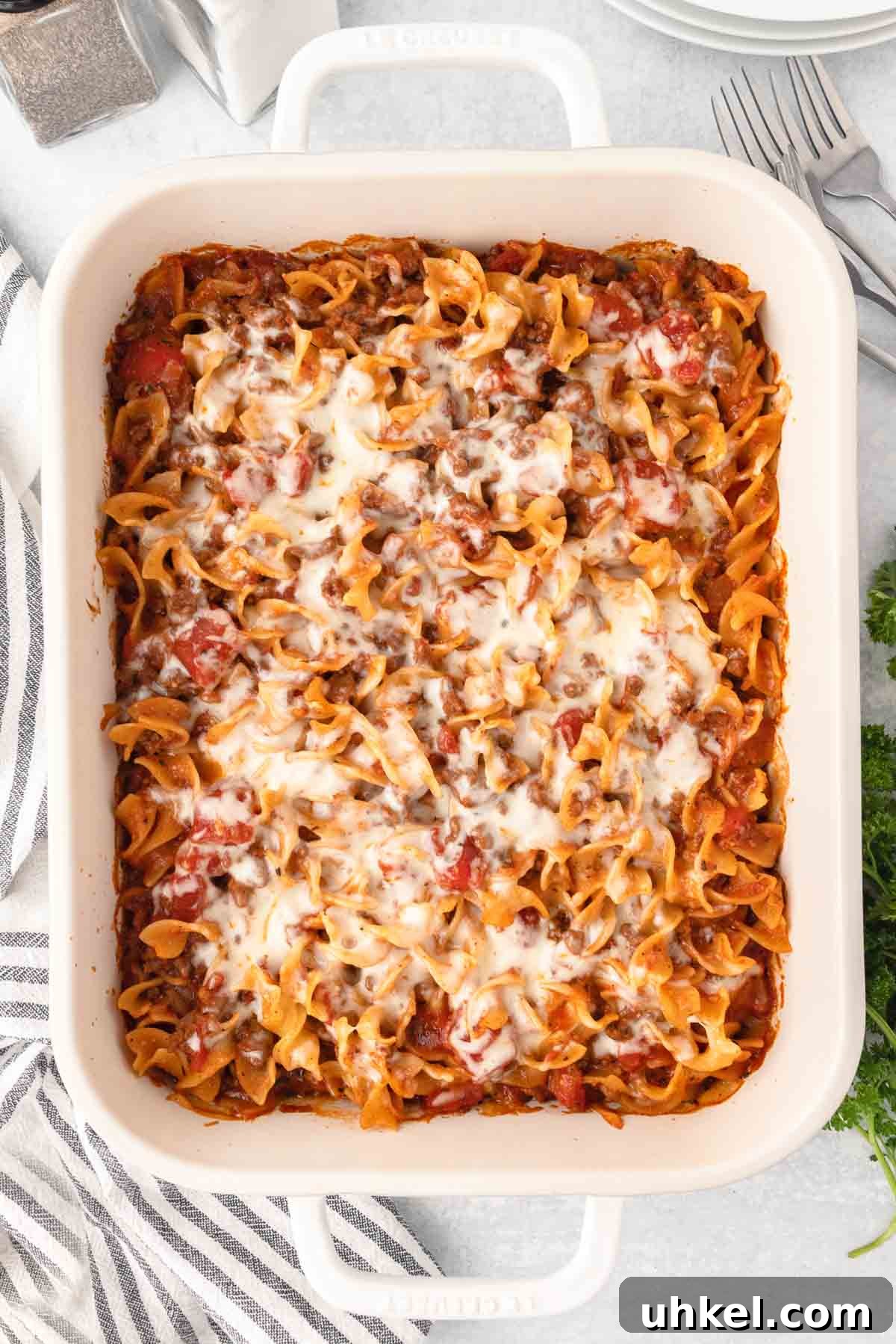 Italian Beef and Egg Noodle Casserole with Tomatoes and Cheese 8 Baked mround beef noodle casserole with a layer of melted mozzarella on top.