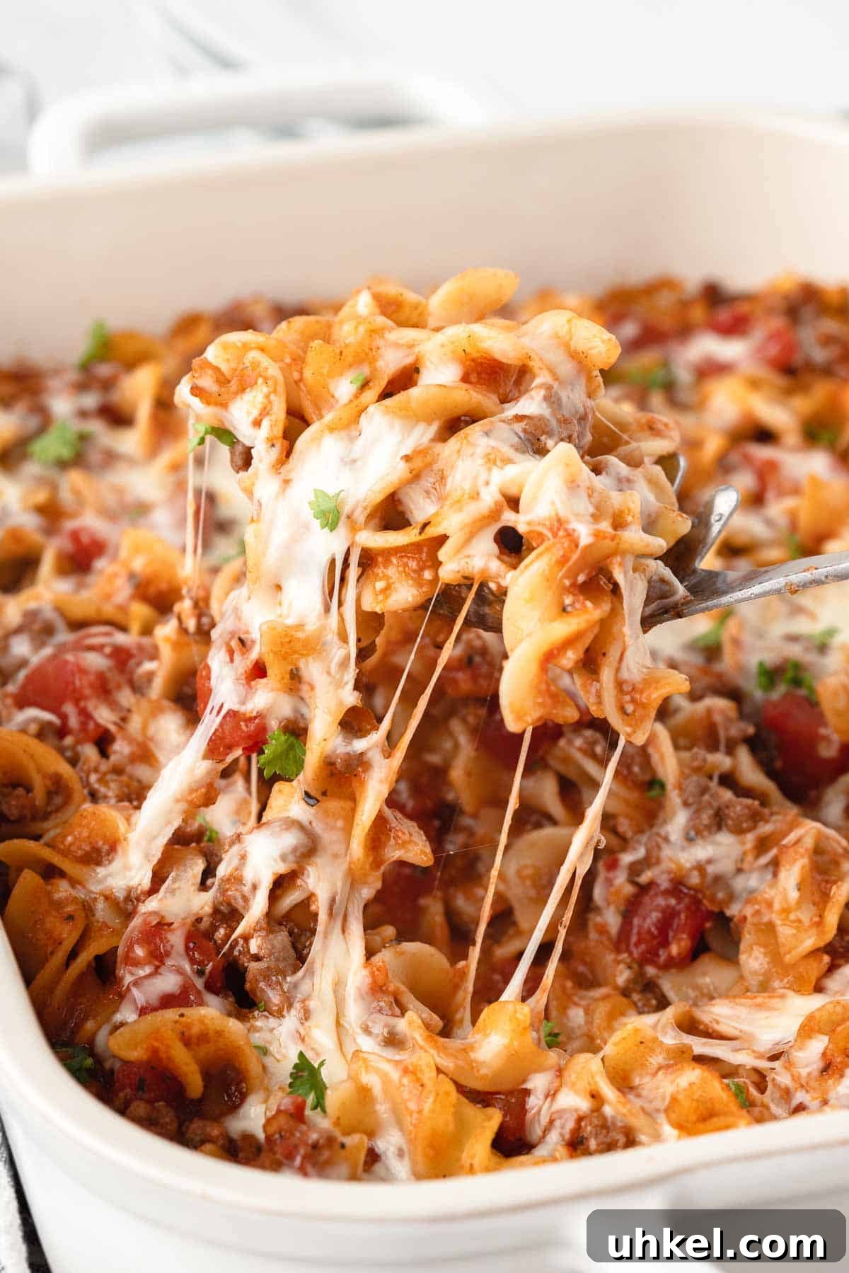 Italian Beef and Egg Noodle Casserole with Tomatoes and Cheese 9 Ground beef noodle casserole topped with mozzarella cheese.