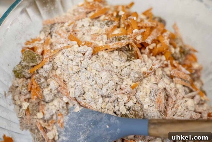 Mixing dry ingredients, shredded carrots and raisins in a bowl.