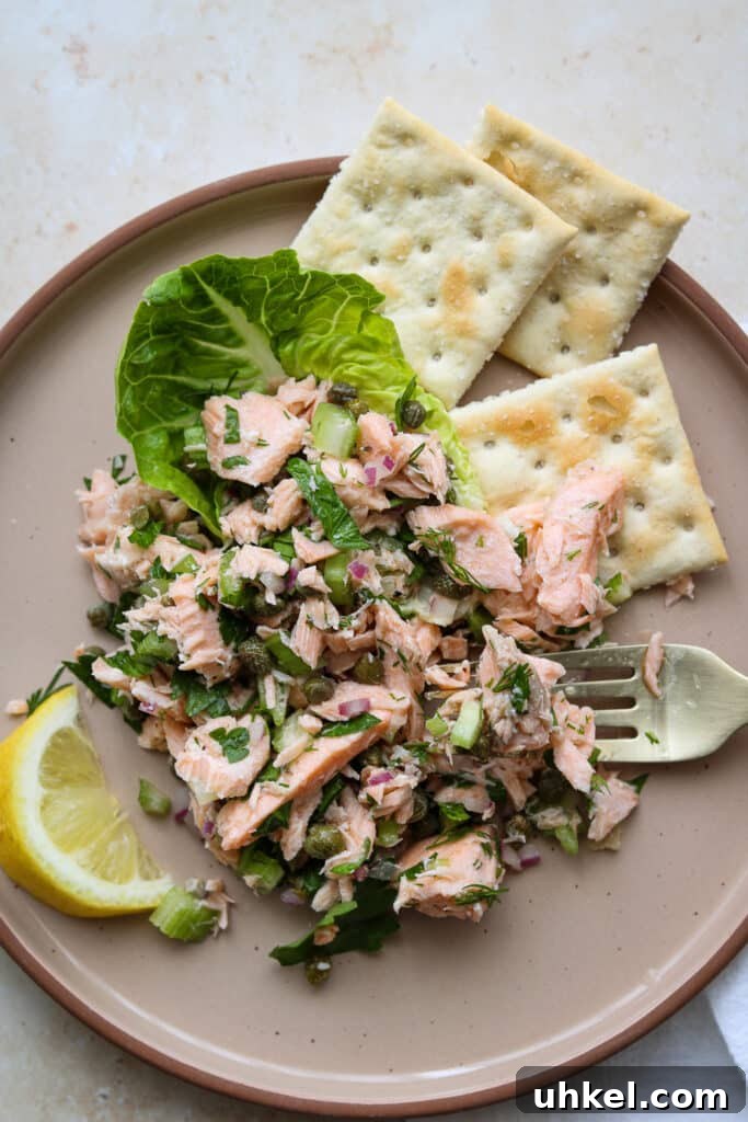 Chilled Poached Salmon Salad with Creamy Dill Dressing 7 chilled poached salmon salad on plate with crackers