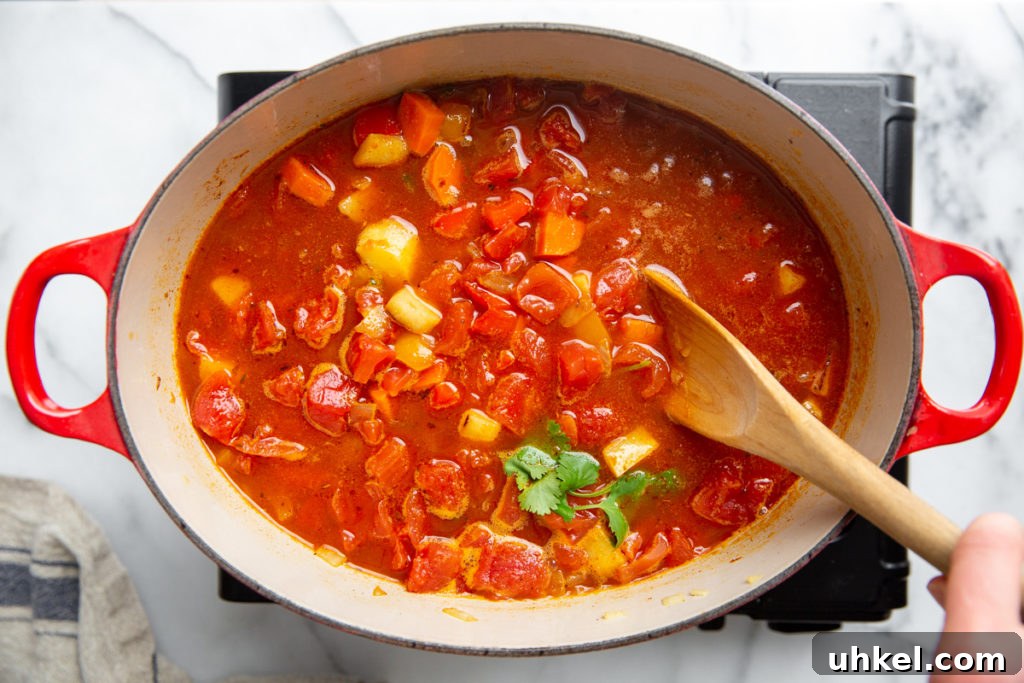 Hearty Vegan Quinoa Chili Recipe: Protein-Packed & Flavorful 8 A hand stirring the diced tomatoes and broth into the chili.