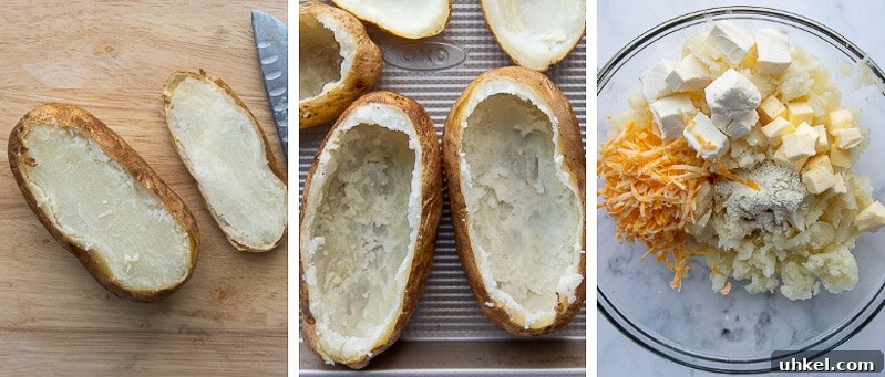 Buffalo Chicken Stuffed Baked Potatoes with Melted Cheese 3 images showing how to make twice baked potatoes with ranch filling