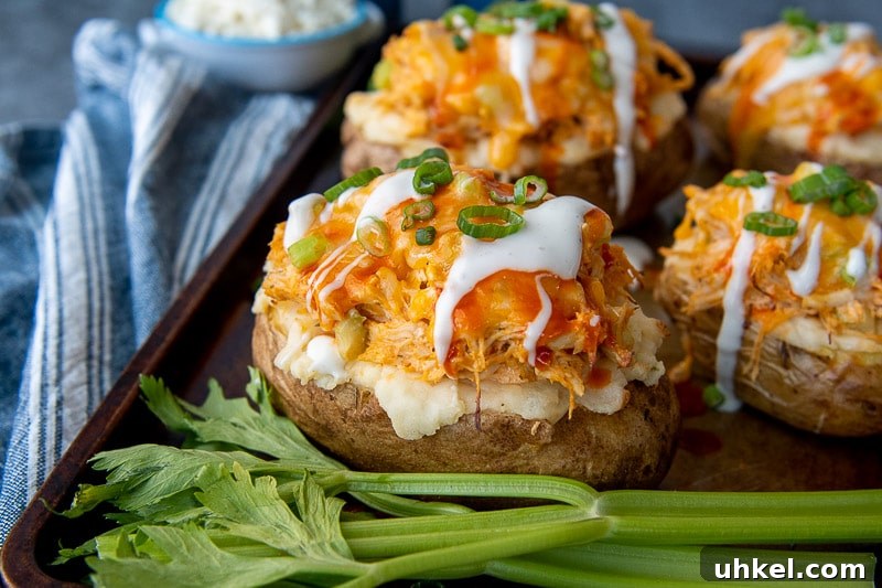 Buffalo Chicken Stuffed Baked Potatoes with Melted Cheese 5 a twice baked potato on a baking sheet with celery sticks laying next to it and buffalo chicken topping